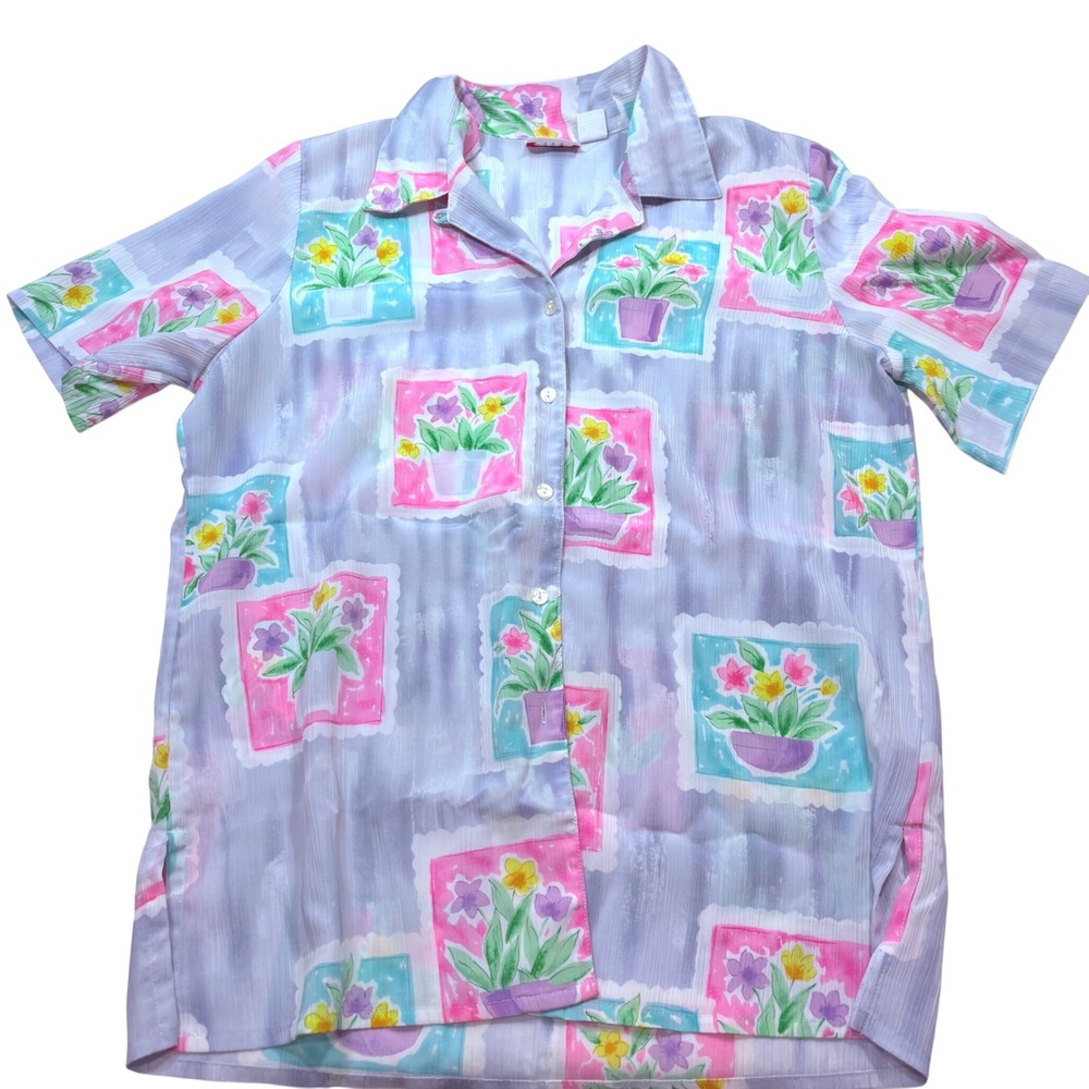 Alia Womens Vintage Floral Pot Print Blouse Short Sleeve Button Up Pastel Sz 14